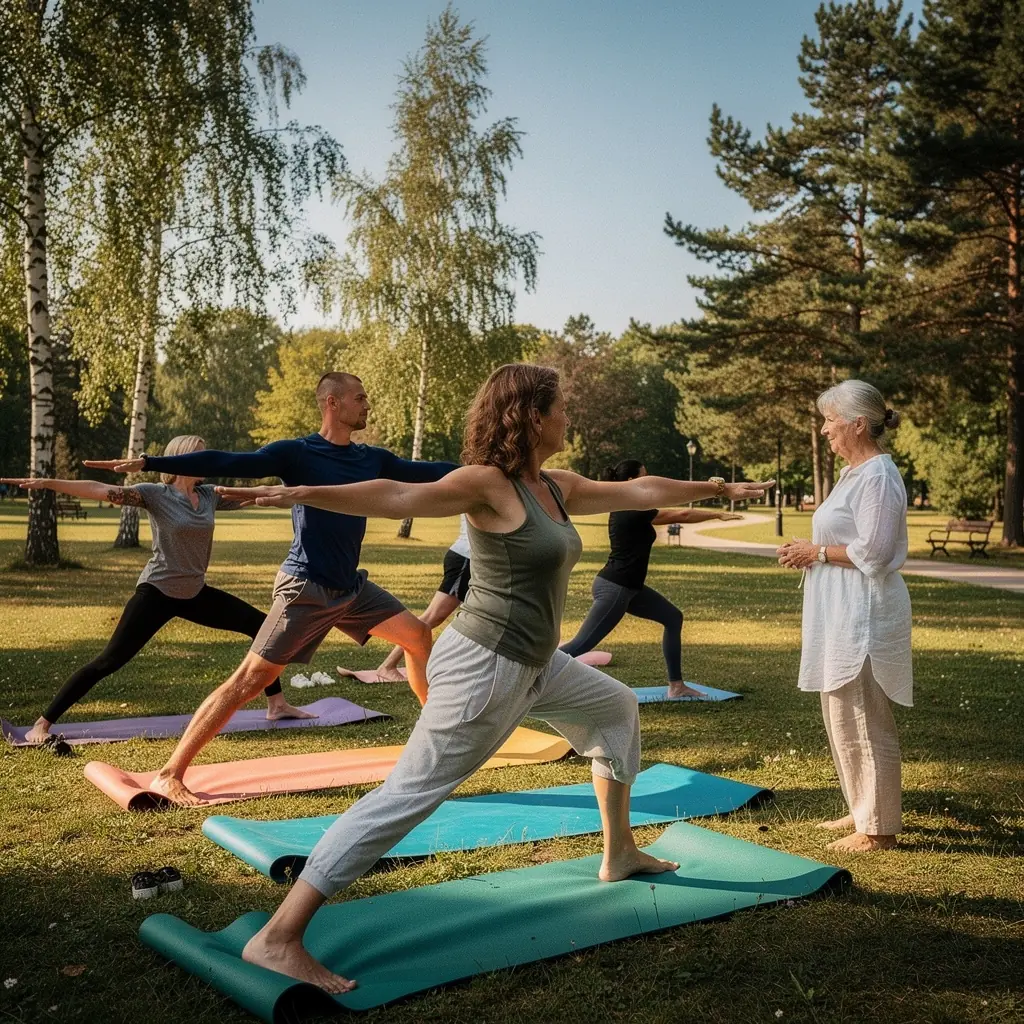 Kobieta wykonująca asanę na macie do jogi w jasnym, przytulnym wnętrzu.