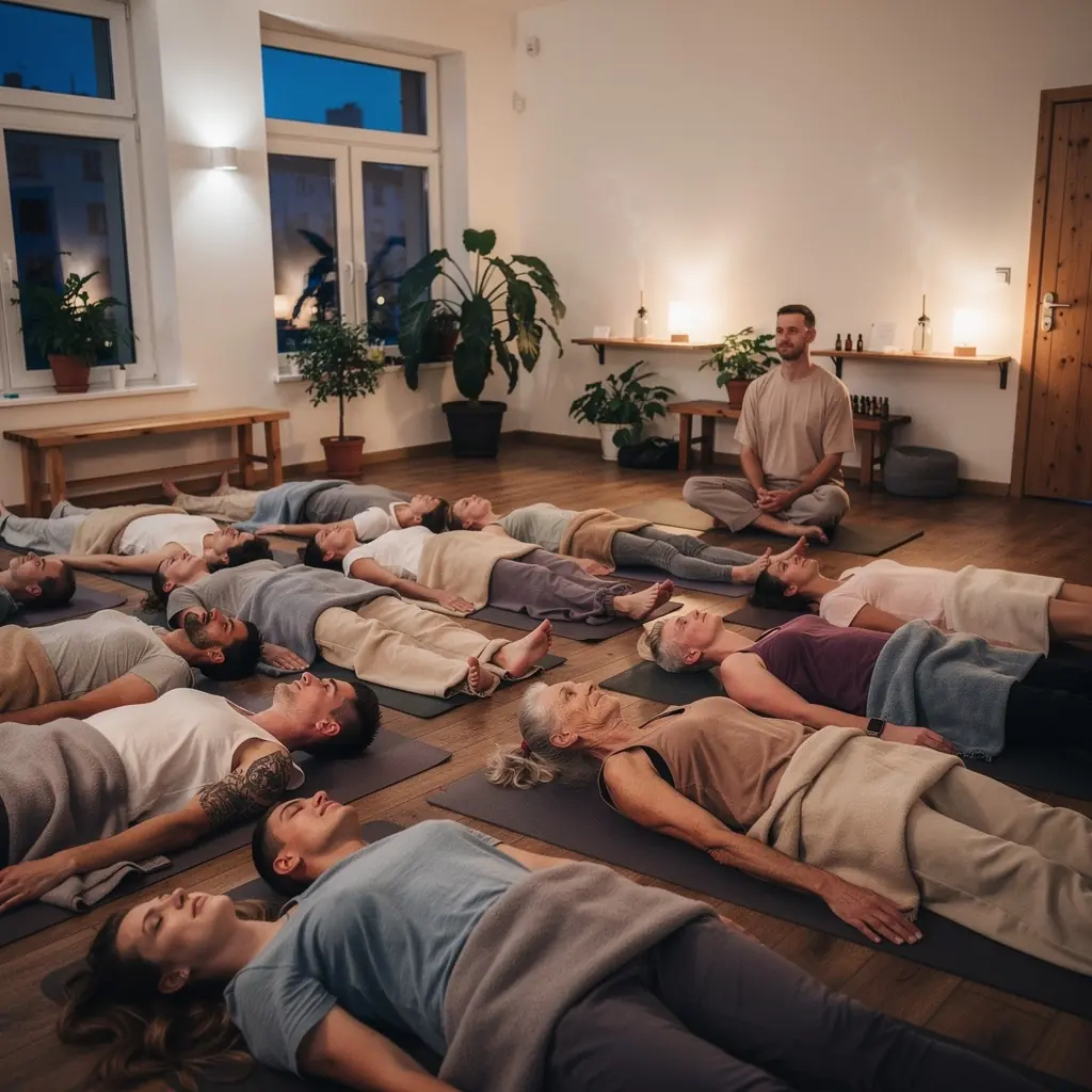 Zestaw kolorowych mat do jogi ułożonych w równe rzędy w studiu.