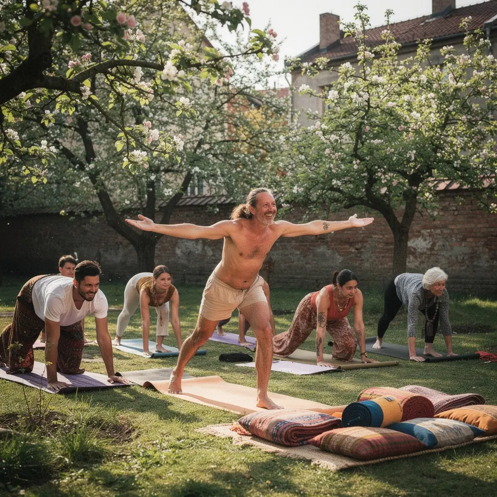 Zestaw kolorowych mat do jogi ułożonych w równe rzędy w studiu.
