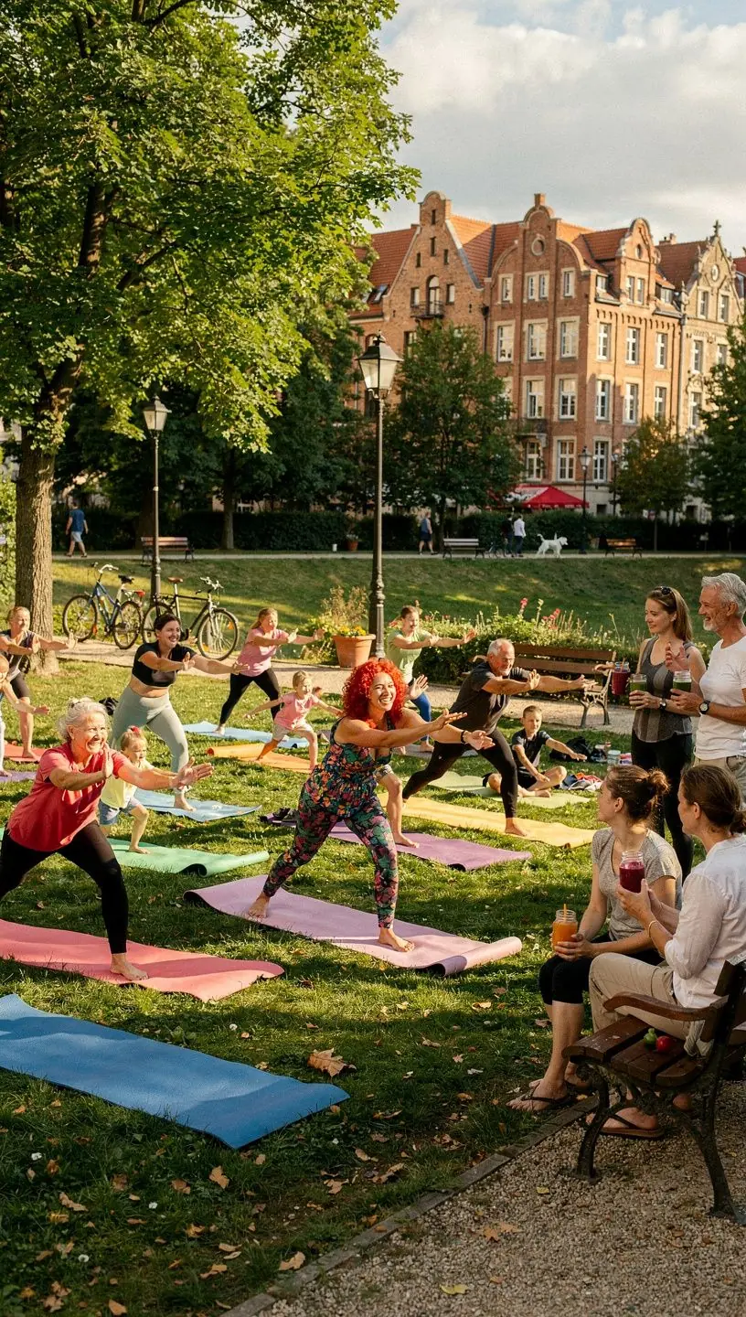 Zestaw kolorowych mat do jogi ułożonych w równe rzędy w studiu.