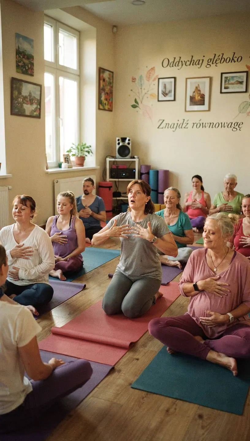 Grupa osób praktykujących jogę w pięknym, naturalnym otoczeniu.