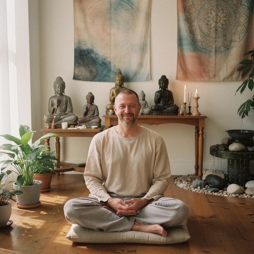 Instruktor jogi prowadzący zajęcia w studiu, z uśmiechem na twarzy.